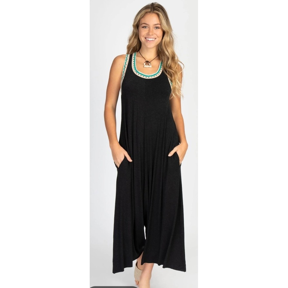 Natural Life Willow Jumpsuit Crochet Relaxed Loungewear Comfort Rayon Charcoal L